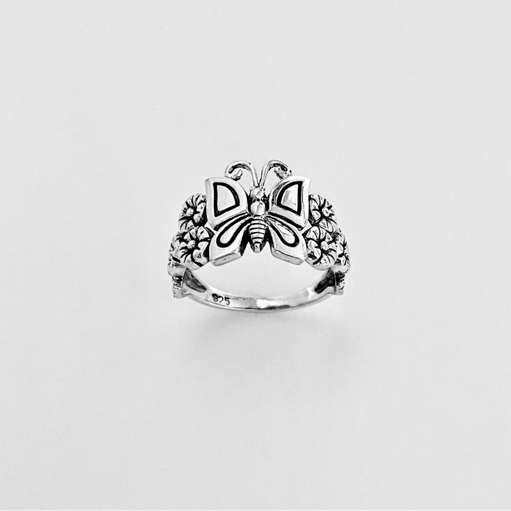 Sterling Silver Statement Butterfly and Plumeria Ring, Flower Rings, Bug Jewelry - Picture 9 of 13